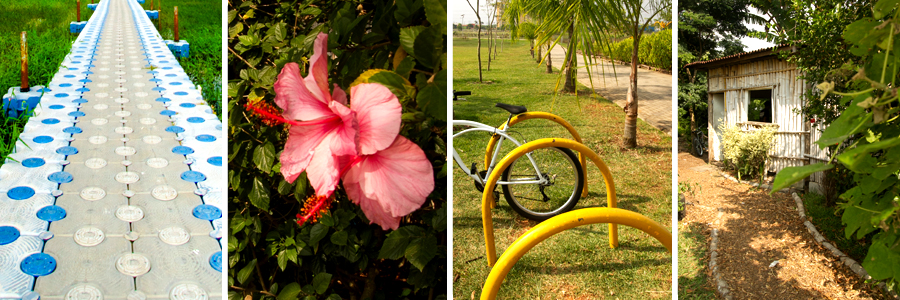 Mosaico com quatro fotografias sendo a primeira de uma passarela de concreto sobre a grama, a segunda de uma flor em tom de rosa claro com folhas verdes ao redor, a terceira de arcos amarelos na grama verde com uma bicicleta branca apoiada no primeiro, e a quarta uma parede feita de bambu com um arbusto alto em frente a janela.